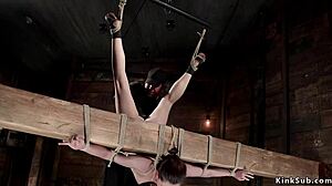 Insane! Slut in extreme hogtie gets hanged and whipped hard