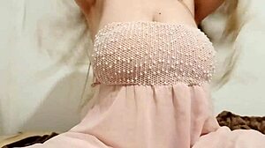 hottie in chic dress fondles big breasts outdoors