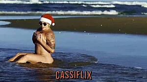 MILF mom gets a facial Christmas gift at the beach