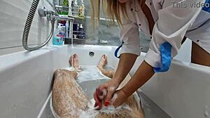 Stepmom gives her stepson a naughty massage with milk