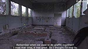 Russian brunette gives outdoor blowjob at abandoned construction site