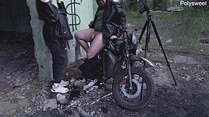 Russian brunette gives outdoor blowjob at abandoned construction site