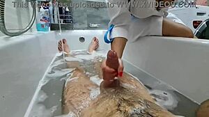 Stepmom ignores stepson's huge dick while washing him naked