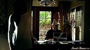 Beautiful woman gets vaginal penetration and facial with cum in a role play game