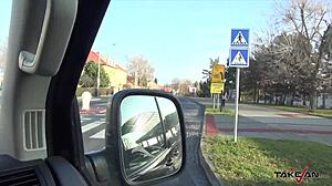 Horny brunette stops car for wild titty cumshot