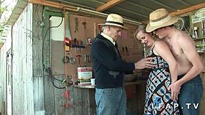 that petite slut with big tits and ass in threesome with grandpa