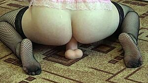 anal masturbation with a big rubber dick brunette in stockings fucks a juicy butt