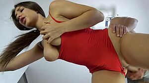 Petite brunette sucks friend's huge cock, begs for pussy fucking.