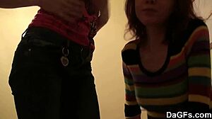 Two Teen Lesbians, Redhead and Brunette, Tease on Bedroom Webcam