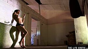 Athletic Brunette Masturbates in Boxing Gym Break