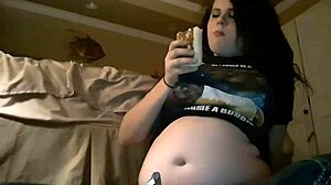 Burrito belly stuffing with big tits and chubby young brunette