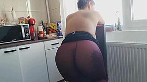 Hot Teen in Pantyhose Strips at Window and Toys with Cock