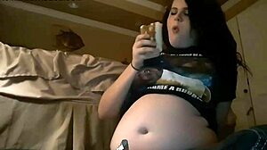 Burrito belly stuffing with big tits and chubby young brunette