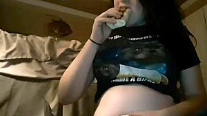 Burrito belly stuffing with big tits and chubby young brunette