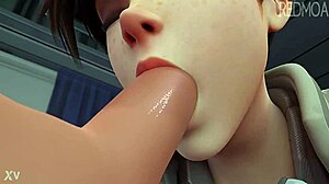 Tracer from Overwatch swallows cum in this cartoon hentai scene. She rides and gets facialed deeply.