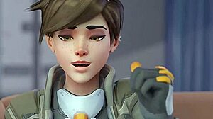 Tracer from Overwatch swallows cum in this cartoon hentai scene. She rides and gets facialed deeply.