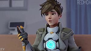 Tracer from Overwatch swallows cum in this cartoon hentai scene. She rides and gets facialed deeply.