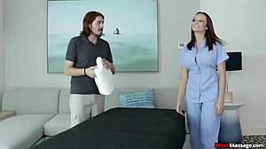 Mean brunette hottie dominates with a big cock handjob in a wild massage session