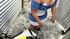 Big beautiful woman enjoys outdoor sex in the changing room