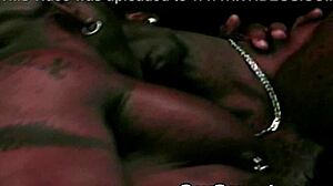 Young black and white gay men have sex in a gym