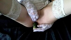 Milf goes wild banging zucchini in pussy and ass for real climax