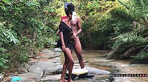 Ebony teen strips outdoors, wet pussy, clothes ripped, getting fucked hard