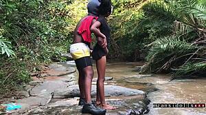 Ebony teen strips outdoors, wet pussy, clothes ripped, getting fucked hard