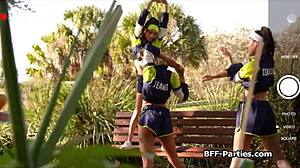 Teen jogger babes share big dick of a stranger