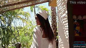 Petite Asian teen Hannah Le disrobes on a Playboy ranch
