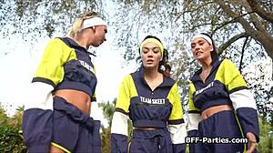 Teen jogger babes share big dick of a stranger