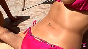 Stunning blonde and brunette babes give a lucky guy footjobs while they are still outdoors.