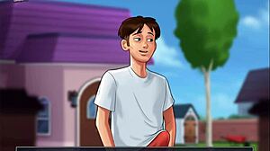 In summertime saga, the busty teen engages in deepthroat and handjob with huge cock