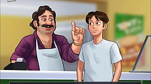 In summertime saga, the busty teen engages in deepthroat and handjob with huge cock