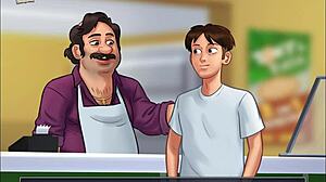 In summertime saga, the busty teen engages in deepthroat and handjob with huge cock