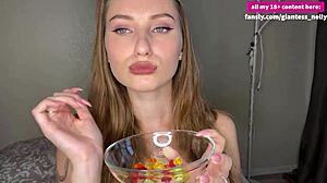 Tall guy swallows huge gummy bears down his throat 😋