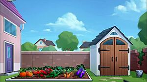 In summertime saga, the busty teen engages in deepthroat and handjob with huge cock