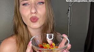 Tall guy swallows huge gummy bears down his throat 😋