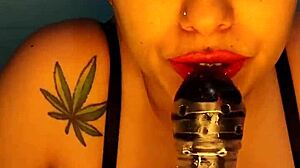 Blue intensely replaces his cock with a big dildo and swallows it whole.