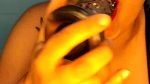 Blue intensely replaces his cock with a big dildo and swallows it whole.