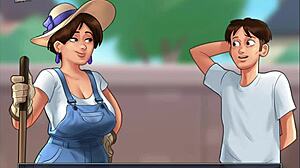 In summertime saga, the busty teen engages in deepthroat and handjob with huge cock