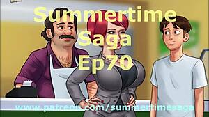 In summertime saga, the busty teen engages in deepthroat and handjob with huge cock