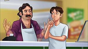 In summertime saga, the busty teen engages in deepthroat and handjob with huge cock