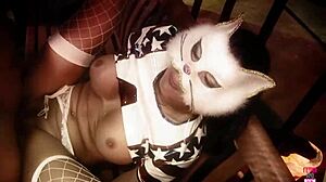 Guy Finds Naughty Brunette In Kitty Mask For Blowjob And Facial