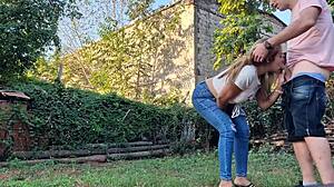 Big ass neighbor gives a deepthroat blowjob on the ground