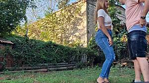 Big ass neighbor gives a deepthroat blowjob on the ground