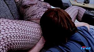 Beautiful BBW with natural boobs Rue Bourbon gives a great blowjob and swallows cum