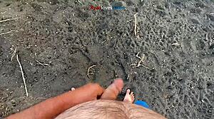 A brunette masturbates solo under a bridge in hentai style.