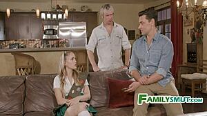 Stepdaughter’s uniformed body in a family group orgy