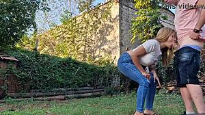 Big ass neighbor gives a deepthroat blowjob on the ground