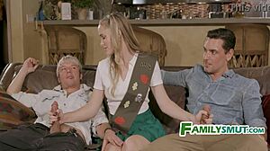 Stepdaughter’s uniformed body in a family group orgy